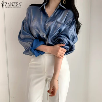 2021 Foråret Kvinder Bluse ZANZEA Mode Gradient Shirts, Casual Solid Puff Ærmer Revers Krave Toppe Ladies Løs Blusa
