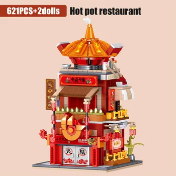 City Street View Klassisk Kinesisk Arkitektur byggesten Mini Tehus Hot Pot Restaurant MOC Mursten Legetøj Til Børn Gave