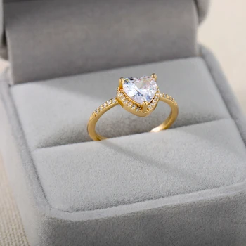 Shiny Hjerte Ringe Til Kvinder Cubic Zirconia Kærlighed Finger Tilbehør i Rustfrit Stål Guld Ring Løfte Ring for Piger Smykker Gave