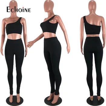 Echoine Kvinder Sexet Solid Ene Skulder Bandage Afgrøde Top Tynde Blyant Legging To Delt Sæt Træningsdragt Activewear Club Udstyr