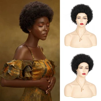 Kort Afro Kinky Krøllet Paryk Brasilianske Remy Human Hair Korte Parykker 150% Tæthed For Kvinder Sort Brun Farve Billige Parykker