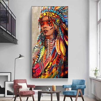 Wall Art Canvas Print Graffiti Figur Paiting Indfødte Indiske Fjer Kvinde For Living Room Home Decor Poster Uden Ramme