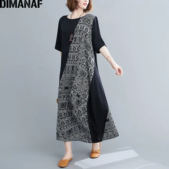 DIMANAF 2021 Oversize Kvinder Sommer Kjole Sundrerss Indie Folk Black Print Dame Vestidos Løs Maxi Kjole Lang Oversize Tøj