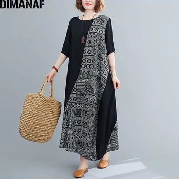 DIMANAF 2021 Oversize Kvinder Sommer Kjole Sundrerss Indie Folk Black Print Dame Vestidos Løs Maxi Kjole Lang Oversize Tøj