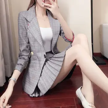 Kvinder Nederdel Passer Arbejdet Mini Plisserede Nederdele Koreansk Mode Kontor Damer Blazer Fashion To Stykke Blazer Nederdel Sæt Lady Uniform