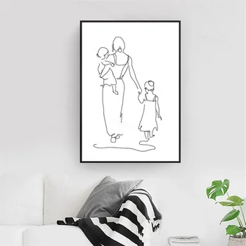 Stregtegning af Mor og Barn vægmalerier Mor Knus Datter eller Søn Minimalistiske plakater og Print på Lærred Home Decor 25179