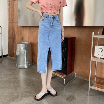 2021 Ny Split Denim Nederdel Kvinders Retro High-Waisted Slank Mid-Længde One-Step Lang Nederdel koreansk Mode