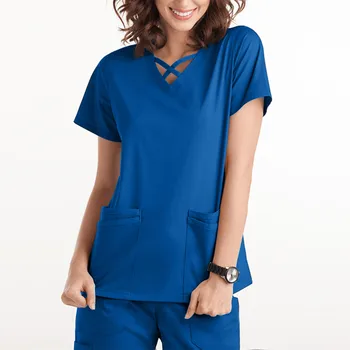 2021 Sygepleje Uniform Til Kvinder Tandklinik Forsyninger Sygeplejerske Kvinder Kortærmet V-Neck Lomme-Og Sundhedshjælpere T-Shirt Medicinsk Klud 2529