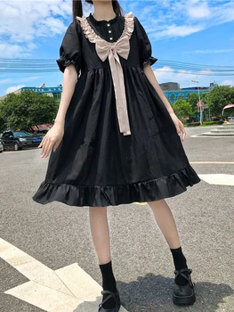 Kawaii Plus Size Tøj Korte Ærmer Vintage Klassisk Lolita Tøj Flæsekanter En Linje Mini Kjole For Studerende Kvinder Elegant Party