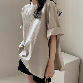 Kvinder Plain Løs Bluse om Sommeren Tyndt Almindelig Casual Korea Style Kvinders Mode Mellemlang Lang 3/4 Ærmer Shirt T-shirt Kvinde Tøj