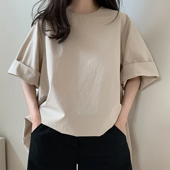 Kvinder Plain Løs Bluse om Sommeren Tyndt Almindelig Casual Korea Style Kvinders Mode Mellemlang Lang 3/4 Ærmer Shirt T-shirt Kvinde Tøj