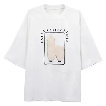 Kvinder Casual T-shirt Tegnefilm Alpaca Trykt Sommeren 2021 Løs koreansk Stil Korte Ærmer Overdimensionerede Harajuku Tshirt Overdele 26486