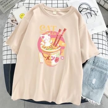 Permium kat moodles Kawaii Udskrivning Kvinder Tshirt Harajuku Oversize T-Shirts Mode Blød T-Shirts Åndbar Løse Toppe til Kvinder 2664