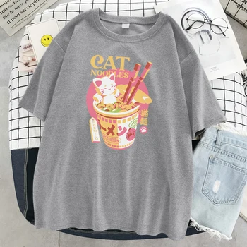 Permium kat moodles Kawaii Udskrivning Kvinder Tshirt Harajuku Oversize T-Shirts Mode Blød T-Shirts Åndbar Løse Toppe til Kvinder