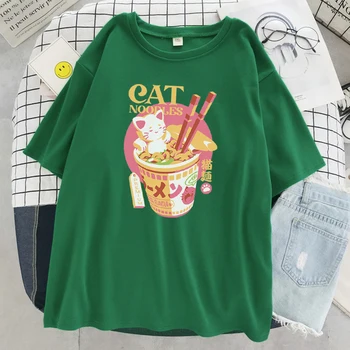 Permium kat moodles Kawaii Udskrivning Kvinder Tshirt Harajuku Oversize T-Shirts Mode Blød T-Shirts Åndbar Løse Toppe til Kvinder