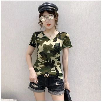 Sommeren koreansk Tøj, T-Shirt Print Camouflage Girl Fashion Kvinder til Tops Kort Trøje Casual t-Shirts Bunden Shirt Nye 2021 T14008A