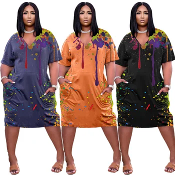 Plus Størrelse Tie Dye Print Sommer Kjoler til Kvinder Tøj, V-hals, Korte Ærmer T-Shirts Kjole Streetwear Pakke Løs Casual Kjole