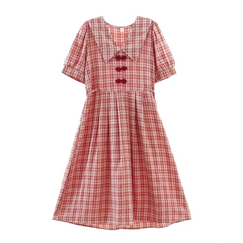 Sommer ny sød sød kjole japan stil korte ærmer mori girl casual plaid vestidos