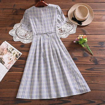 Sommer ny sød sød kjole japan stil korte ærmer mori girl casual plaid vestidos