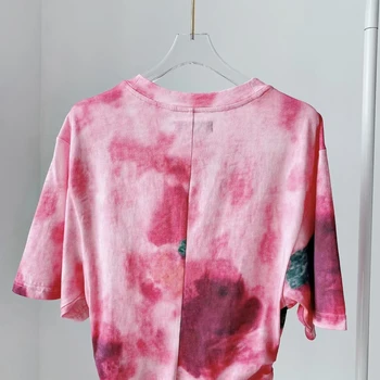 Blomster Tie-Dye Print Kvinder ' s t-Shirt 2021 Sommer Ny Front Split Plisserede Half Sleeve Tee Toppe 27447