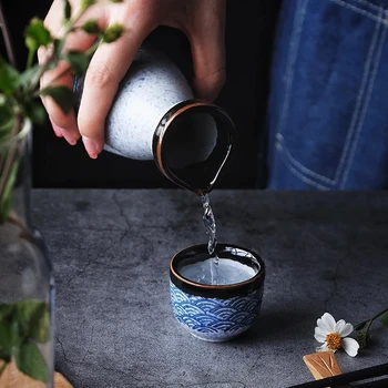 4 Skyld Kopper+1 Skyld Pot Keramik Porcelæn Japansk Stil Over Havet Ripple Skyld Vin Cup Håndmalet Keramik, Håndlavet Skyld Pot Sæt 27699