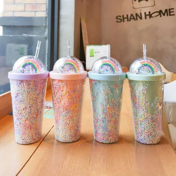 Dobbelt Lag Rainbow Plastik vandflaske Med Halm koreansk stil Kreative Søde Krus Mælk Og Te Kop 28347