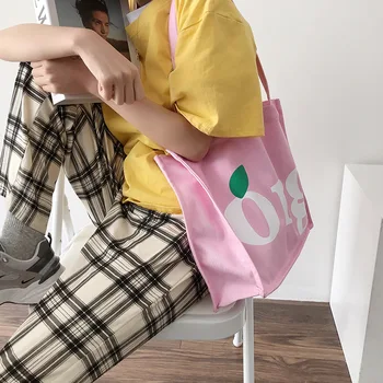 Nye Studerende Lærred skuldertaske Piger Pink koreanske Brev Udskrivning Kvindelige Håndtaske Kvinder ' s Store Kapacitet Genanvendelige Shopping Taske 2842