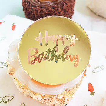 Ins Nye Guld Cupcake Happy Birthday Topper Akryl Rose Gold Circle Kage Topper til fødselsdagsfest Dessert Kage Dekorationer, 5cm