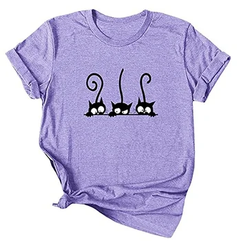 Tees Lailezou Kvinders Tre Katte Mønster Solid Farve Udskrivning O-Hals Enkel T-Shirt til Sommeren Casual Basic kortærmet top