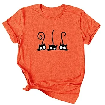 Tees Lailezou Kvinders Tre Katte Mønster Solid Farve Udskrivning O-Hals Enkel T-Shirt til Sommeren Casual Basic kortærmet top