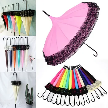 NY Nyhed Lange Håndtag Vindtæt Paraply Solen Regn Bruge 16 Ribben Blonder Design Pagode Type Elegant