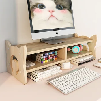 Cute Cat ' s Paw Overvåge Stå Bruser Storage Rack Træ-Computer Riser Bruser Arrangør Hylder Kabinet Hjem kontorartikler