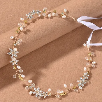 Kvinder Blomster Hovedbøjle Guld Og Sølv Perle, Krystal-Detaljer Fe Brude Bryllup Hår Tilbehør, Hoved Dekoration Med Bånd