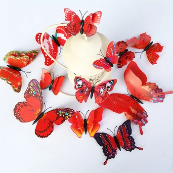 12 stk/pakke 3D-Rød Sommerfugl Wall Sticker i Høj Kvalitet, Vandtæt PVC Simulering Butterfly Hjem Dekoration, Klistermærke