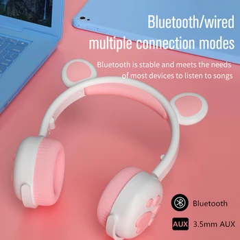 AIKSWE Bluetooth-Hovedtelefoner, Glødende Søde LED Cat Bear Paw Piger Gave Børn Headset AUX Trådløse HIFI-Stereo-Bas Mysterium Gave
