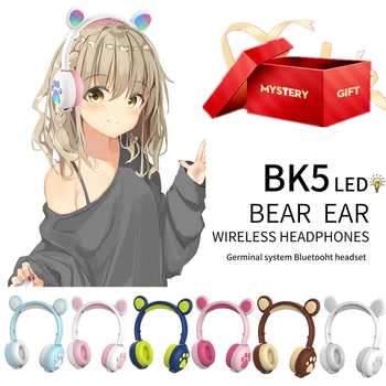 AIKSWE Bluetooth-Hovedtelefoner, Glødende Søde LED Cat Bear Paw Piger Gave Børn Headset AUX Trådløse HIFI-Stereo-Bas Mysterium Gave