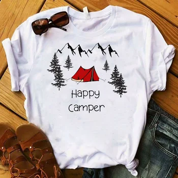 Kvinder Dame T-Shirt Happy Camper Blomster Printet t-shirt Ladies Short Sleeve Tee Shirt Kvinder Overdele Tøj Grafisk T-shirt