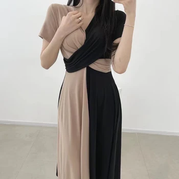 V-hals Tværs Lang Kjole Kvinde koreanske Nye Sommer Elegante festkjoler Vestido Kvinde Pink Business Syninger Slim Dress Kvindelige 31532