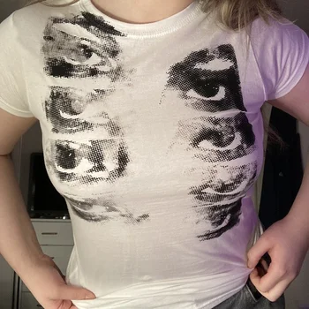 Grunge Æstetiske Gotisk Punk T-Shirts Hvid Kvinder Sommer Grafisk Print Crop Tops Slank Korte Ærmer Fashion Alt Tøj