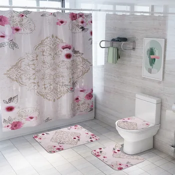 Europæisk Stil Badeværelse Gardin Sæt Stof Pink badeforhæng, Flower Mønster, Anti-skridsikker bademåtte Toilet sædebetræk Tæppe