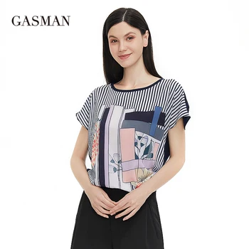 GASMAN Nye Sommer-kvinder ' s t-shirt 2021 mode stribe Oversize t-shirts print O-hals, korte ærmer Kvalitet Bluser 0578