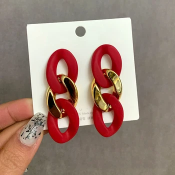 Autumn Winter New Women's Earrings Red Acrylic Wedding Fashion Jewelry Metal Chain Earrings Sweet Girl 2021 Party Jewelry Серьги