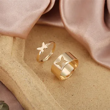 2 stk/sæt Butterfly Guld Sølv Farve Ringe Sæt Legering Ringe Til Kvinder, Piger Hule Finger Ringe Fashion Bryllup Smykker