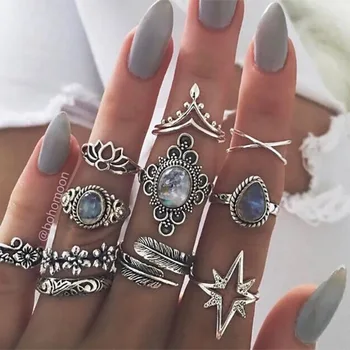 11pcs/set Bøhmiske Krystal Skåret Geometriske Ring Sæt Vintage Sølv Blomst Krone Finger-Finger Ring Sæt Bryllup Smykker Gave