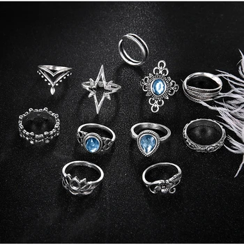 11pcs/set Bøhmiske Krystal Skåret Geometriske Ring Sæt Vintage Sølv Blomst Krone Finger-Finger Ring Sæt Bryllup Smykker Gave