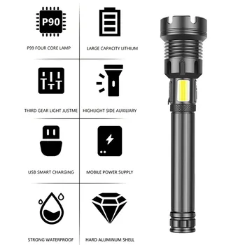 XHP90 Kraftig LED Lommelygte XHP70 Udendørs Lommelygte Torch USB-Genopladelige Flash Lys IPX6 COB Zoomable Camping Lampe