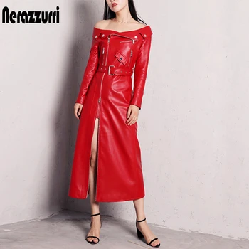 Nerazzurri foråret efteråret maxi kjoler til kvinder slash hals Rød sort pu læder kjole kvinder med lange ærmer bane Elegant kjole 3544