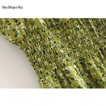 SheMujerSky Kvinder Sommeren Grønne Midi Kjole Strappy Backless Blomster Print Kjole 2020 Elastisk Talje A-line Kjoler 3548