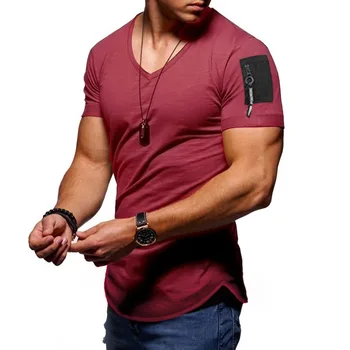Mænds Mode Solid Farve Stretch Short Sleeve T-shirt med V-Hals Slim-fit Tee Herre Casual Sports T-Shirts Hurtig Tør Sommer Tøj 36402
