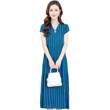 Boheme-Stribet Kjole Til Elegante Kvinder V-Hals Kvindelige Kortærmet Sommer Tøj 2021 A-Linje Koreansk Kvinde Kjole